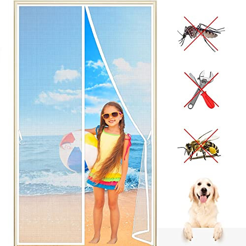 Magnet Fliegengitter Tür Insektenschutz 65x210 cm Magnetvorhang Ideal für die Balkontür, Kellertür Und Terrassentür, Kinderleichte Klebemontage Ohne Bohren, 993 Größe Weiß