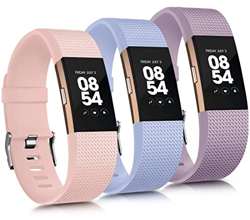 AK Kompatibel mit Fitbit Charge 2 Armbändern, 3 Stück, verstellbare Ersatz-Sportarmbänder für Damen und Herren, Größe L, Nude Pink/Nude Blue/Violett