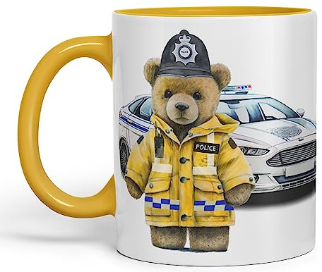 Vixar Teddy Bear Policeman Police Themed Ceramic Mug Coloured Mug Cup Gift Birthday Work Office Tea Coffee (G Yellow)