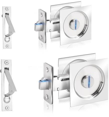 Dontay Pocket Door Privacy Lock, Contemporary Pocket Door Latch Knob, Flush Door Handles, Privacy (Bed/Bath) Latch, 2-3/8 Backset (Brushed Nickel, Square-Stainless Steel - 2 Pack)