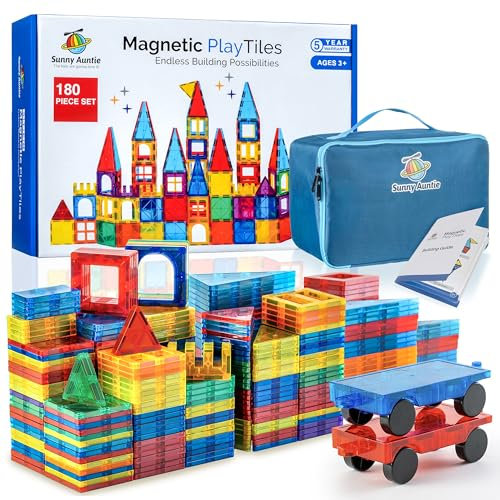 SUNNY AUNTIE Magnetic Tiles 180 PCS+ Bonus Zippered CASE, Magnetic Tiles for Kids Age 3+, Toy for Boys & Girls, Gift Box, XL SET