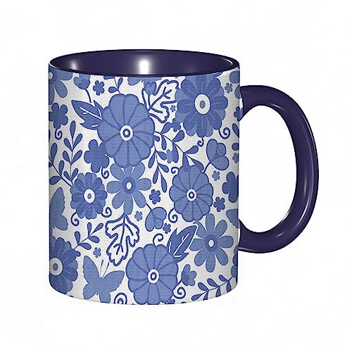 Coffee Mug Funny Mug, Dutch Delft Style Flowers in Folk Style Abstract Petals Leaves Butterflies.Lavender Blue and White Print,Coloured Mug Cup Gift Birthday Work Office Christmas Tea Coffee