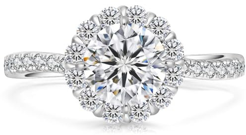 KRKC&CO Verlobungsring Damen Halo Moissanite Ringe, 1 Karat Halo Ringe Trauringe, VVS1 D Farbe, 925 Silber Weißgold, Verlöbnis Hochzeitstag Jubiläum Geschenk für Frauen, 49 (15.6)