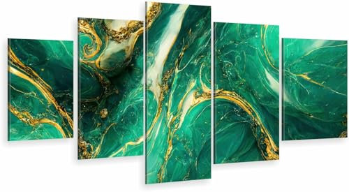 HUBDECO 5-Teiliges Leinwand Bild Wohnzimmer - Bilder, Poster, Kunstdrucke - Leinwandbild - Bild auf Leinwand - Tolle Zimmerdekoration - Schlafzimmer Bilder - 158x90 cm Smaragd-Marmor