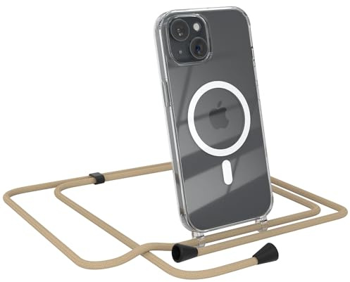 EAZY CASE - Handykette kompatibel mit iPhone 15 Kette zum Umhängen Stoßfest Handyhülle für iPhone 15 Silikon Hülle mit Band Handytasche Transparent als Fallschutz in Taupe - Clips Schwarz