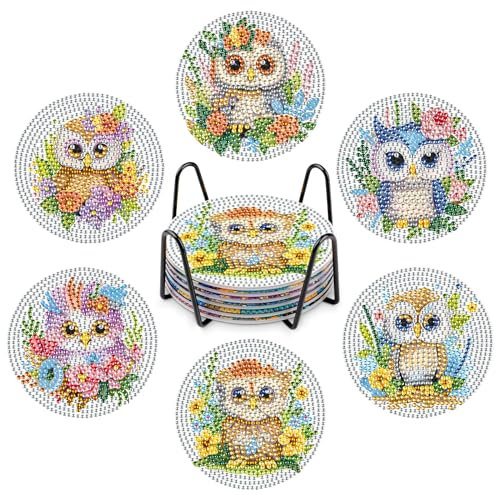 NAIMOER 6Stück Eule Diamond Painting Untersetzer mit Halter, DIY Tiere Untersetzer, Kaffee Diamant Painting Blumen Untersetzer für Erwachsene Kinder, Getränke Untersetzer, 5D Diamant Untersetzer