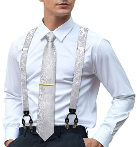 Hi-Tie Herren Hosenträger und Krawatte Set Verstellbare Y-Hosenträger und Einstecktuch Set Starke 6 Clips für Smoking Hochzeit Abschlussball, silber, M