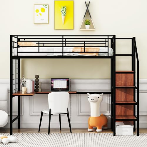 YOPTO Twin Size Metal Loft Bed with Desk and Metal Grid, Modern Style Frame Bed w/Lateral Storage Ladder & Wardrobe,Guard Rail, Space Saving,for Dorm, Bedroom, Guest Room