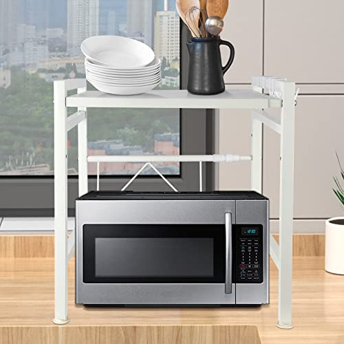 HUOLE 2 Etagen Erweiterbares Mikrowellen-Mikrowellenständer zum Aufhängen Organizer Bäckerregale Mikrowellenregalständer für Küche-Regal mit Hängenden Haken40/64 * 45 * 36,5 cm – weiß