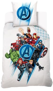 SAHINLER créateur d'univers Marvel Avengers Team Duvet Cover 140 x 200 cm + 1 Pillowcase 63 x 63 cm – 100% Cotton – White