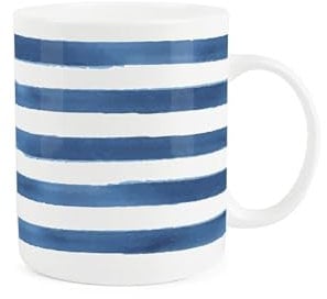 Purely Home Horizontal Blue Stripes Mug - Stylish Striped Drinkware Gift/Present - Tea/Coffee Hot Drinks White Bone China Mug