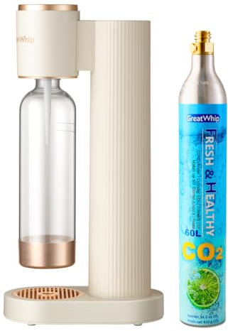 GreatWhip Sparkling Water Maker Set, Soda Maschine Milchig Weiß, mit 60L CO2 Zylinder 2 Stück, 1L Wasserflasche BPA-FREE, Kompatibel mit SodaStream Screw-in Soda Maker 60L Sparkling Carbonator