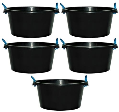 PACK OF 5 - Black 45L Litre Bucket with Blue Rope Handles Multipurpose Builders Cement Mixing Bucket Muck Water Toy Tub Perfect For Home and Garden.