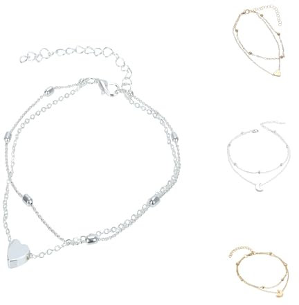 Fußkettchen Herz für Damen - Wasserfest I Mehrreihige Fußkette - Verstellbar I Filigraner Edelstahl Fußschmuck in Gold - Silber - Rosegold (01 Silber, Einheitsgröße)