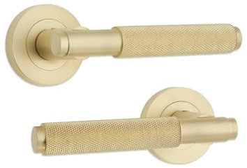 Infinity Decor Pair of Knurled Straight Lever Door Handles on Rose Set Interior Pull Handles Ideal for Internal Wooden Doors for Home and Office (Satin Brass)