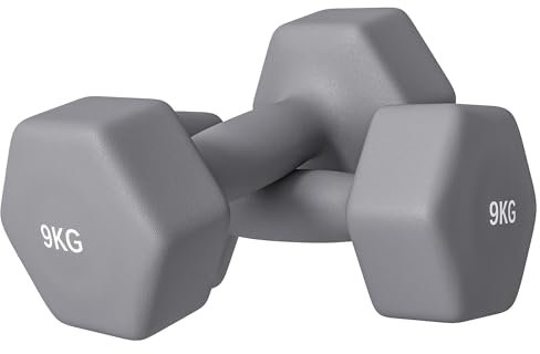 SPORTNOW 2er-Set Sechseckhanteln 9 kg Metall und Kunststoff, 2 Gewichtshanteln mit rutschfestem Griff, 25x11x11 cm, grau