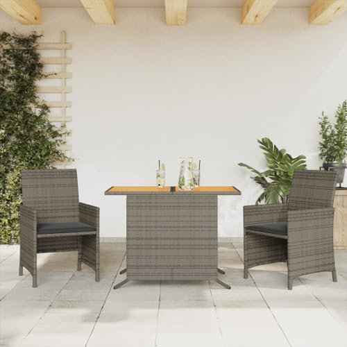 THOYTOUI 3-TLG. Bistro-Set mit Kissen Grau Poly Rattan, Outdoor Furniture Gartenset Tisch und stühle Gartengarnitur Set Lounge Set Outdoor Geeignet für Veranda Terrasse Garten Balkon