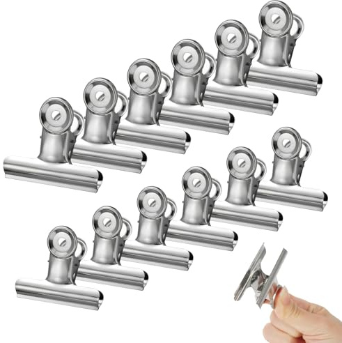 12 Stück Große Metall Scharnier Clips Bulldog, 50 mm und 65 mm Breit | Edelstahl Verschlussclips, Briefklemmer, Multifunktional Groß Metallklammern für Lebensmitteltüten Fotos, Küche, Büro