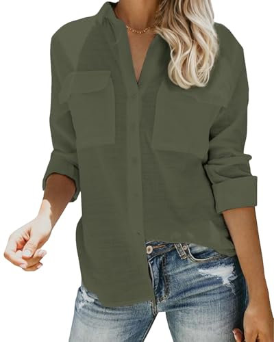 Friptspyg Blusen & Tuniken für Damen Langarm Hemden Damen V-Ausschnitt 100% Baumwolle Shirt Oberteile Tops mit Zwei Taschen,Armee Grün M