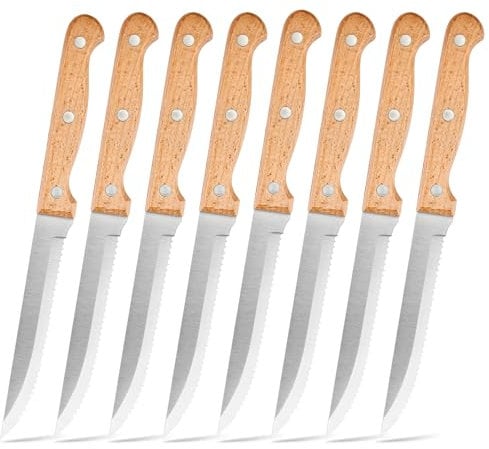 Joyfair Steak Knives Set of 8, Stainless Steel Sharp Steak Knife Set, Kitchen Serrated Dinner Cutting Utensils with Wooden Handle Ideal for Chicken Fish Bread Cake Vegetable in Home/Restaurant, 22cm