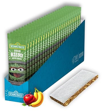 Sesamstrasse Bio Fruchtriegel Oskar, mit Apfel & Bananen, 25er Pack (25 Stück x 25g), Großpackung auf Basis von Haferflocken, Früchteriegel für Kinder ab 3 Jahren, bio, vegan