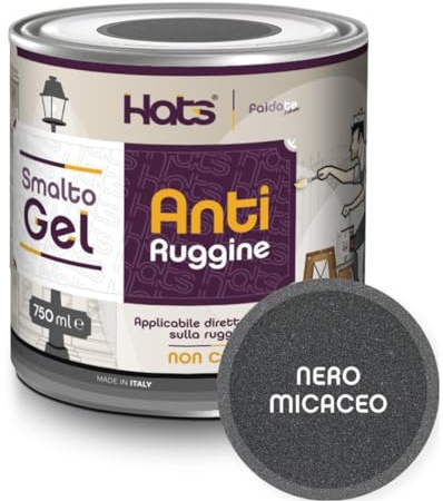 Hats - Vernice Antiruggine per ferro - Smalto Gel Antiruggine Pronto all’uso - Non Cola, Non Gocciola - Adatto per Metallo e Legno - Made in Italy (Nero Micaceo)