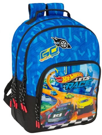 safta Hot Wheels Let's Race Schulrucksack für Kinder, ideal für Kinder verschiedener Altersgruppen, bequem und vielseitig, Qualität und Widerstandsfähigkeit, 32 x 15 x 42 cm, Blau/Schwarz, M, Casual