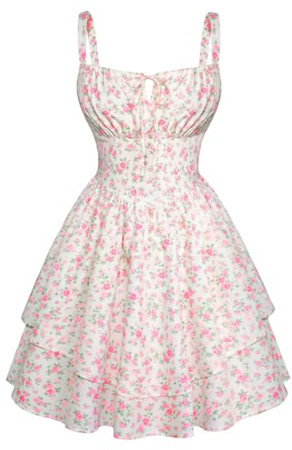 SCARLET DARKNESS Robe d'été Femme à Bretelles Spaghetti Style Victoria, Courte à Imprimé Fleuri Élégant