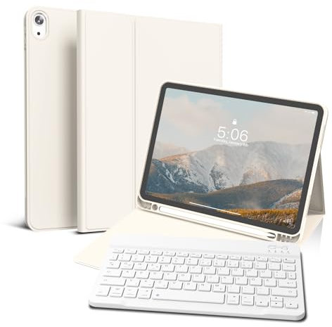 GKABXY Hülle mit Tastatur für iPad Air 11 Zoll 2025 2024 (M3/M2), iPad Air 5 4 2022/2020 10,9 Zoll, Soft TPU Rückschale mit Stifthalte, magnetisch Abnehmbare Folio Tastatur hülle, Cremeweiß