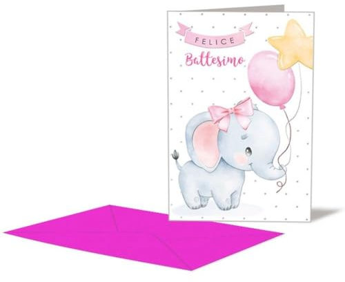 Generico Biglietto Auguri Battesimo Rosa con Elefante elefantino