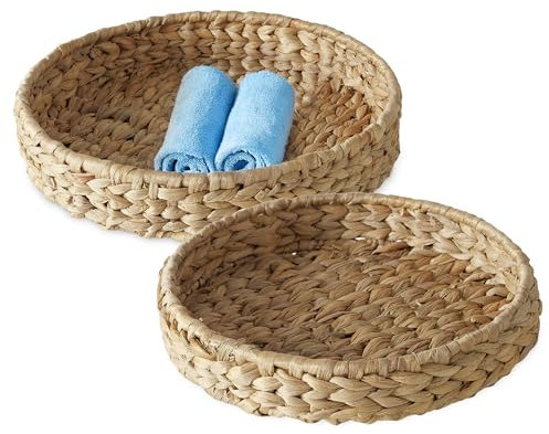 Deko Tablett aus Wasserhyazinthe 2er Set – 30 cm und 25 cm - Boho Chic Korbschale rund aus Seegras geflochten - Naturfaser Tisch Deko Schale Aufbewahrungs Korb Körbchen Dekoschale Organizer