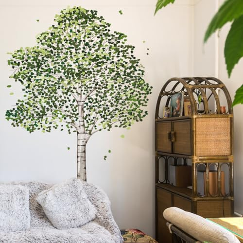 Runtoo Großer Birkenbaum-Wandaufkleber, grüne Pflanzen, Wald, Wandkunst-Aufkleber für Wohnzimmer, Schlafzimmer, Kinderzimmer, Dekoration