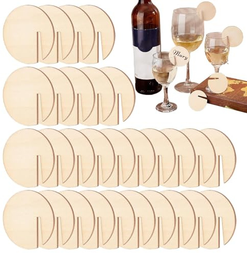 Gazocua Holz Getränkeanhänger Für Gläser,Weinglas Namensschild Aus Holz,runde Getränkeanhänger Set Mit 40 Stück,für Hochzeit,Verlobung Dekoration,Weihnachten,Halloween
