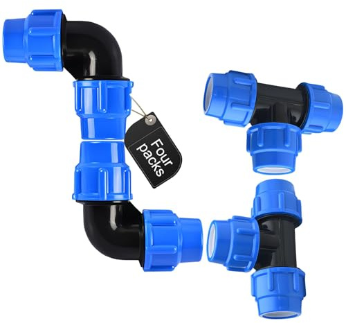 Shwdsy Racores de Tuberías, 4 Piezas Racor para Tuberías de Agua, Union Tubo Polietileno de 90 Grados y Tubo en T Conector PP con Tapa Azul, Apto para Instalación en Exteriores e Interiores