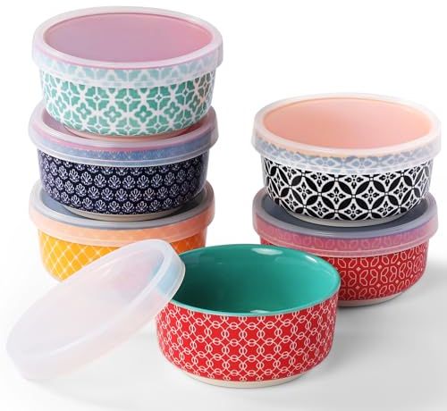 DOWAN Dipschalen Porzellan 6er Set, Kleine Schälchen mit Silikondeckel | 176ml Schälchen für Snacks & Tapas,Mini Dessertschalen, Stapelbare Creme Brulee Schälchen, Spülmaschinen & Mikrowellenfest