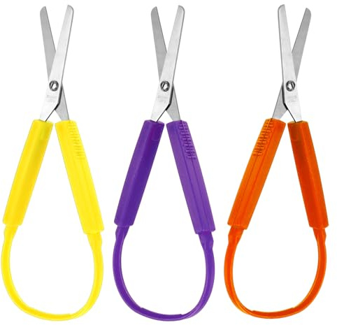 3 Stück Bastelschere Adaptives Design Schlaufenscheren Bunte Griff Schere 14 cm Bastelschere Kinder Selbstöffnende Sicherheitsschere für Schulen Besondere Bedürfnisse (Gelb, Orange, Violett)