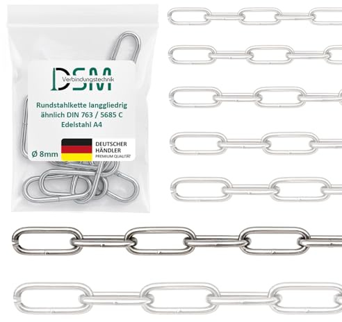 DSM – Rundstahlkette 8 mm Ø – langgliedrig DIN 763 – Edelstahl A4 – 1,5 m | 1 Stück Meterware – Bruchlast 2500 kg [TrueSpec Präzision] Edelstahlkette rostfrei für Garten, Boot, Werkstatt & Dekoration