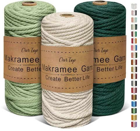 OurTop Premium Makramee Garn 3er Set, 5mm x 65m Macrame Cord Makramee Schnur Makramee Kordel, Garn für DIY Handwerk, Weben Dekoration, Hängepflanze Pflanze Aufhänger(Natur, Hellgrün, Dunkelgrün)