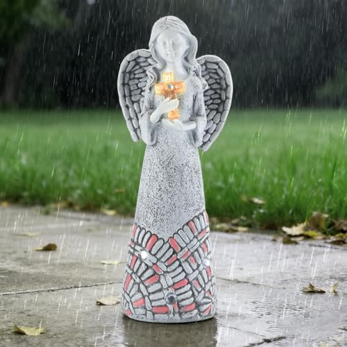Engel Grabschmuck Wetterfest mit Kreuz Solar Grablicht Grabkerze für Außenbereich Innenbereich - Wasserdichte Grabdekoration Laterne aus Resin 25,5 cm für Grab Garten Friedhof Weihnachten Geschenk