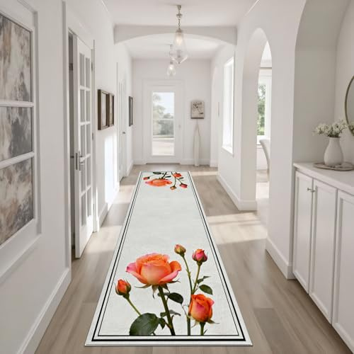 Dyjuaa Romantisch Rose Teppich Läufer Flur 80x300 cm Knospe Blumenmuster Küchenteppich rutschfest Waschbar, Minimalistisch Stil Lang Flur Teppiche für Entryway Waschküche Schlafzimmer Wohnzimmer