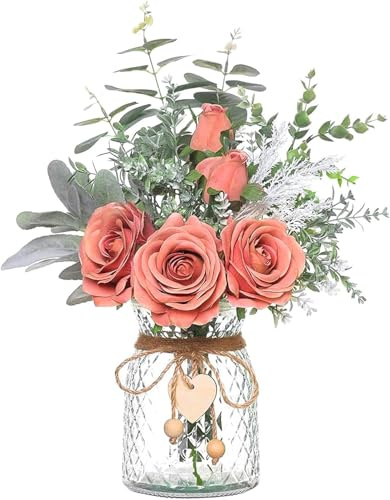 Floralsecret Faux Flowers with Vase Artificial Pink Rose Flowers in Vase Fake Eucalyptus Plant Floral Arrangement for Table Centerpieces, Baby Shower, Home Kitchen Office Coffee Shop Decorations