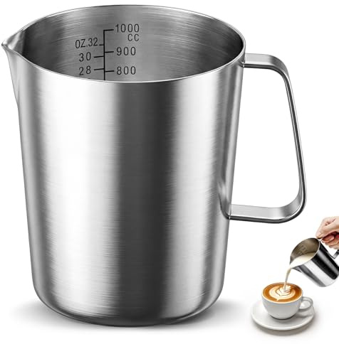 1L Pichet Lait en Acier Inoxydable, Pichet Inox avec Mesure Mark et Poignée | Compatible Lave-Vaisselle, Pot a Lait Robuste pour Cafetière, Pâtisserie et Moussage du Lait (1000ml, Argent)