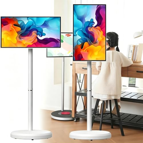 21,5 Pollici TV Portatile con Piedistallo e Schermo Touch,Supporto TV Mobile,Display Smart All-In-One con Inclinazione e Rotazione,Batteria Integrata 5 Ore per Soggiorno,Camera da Letto e Ufficio