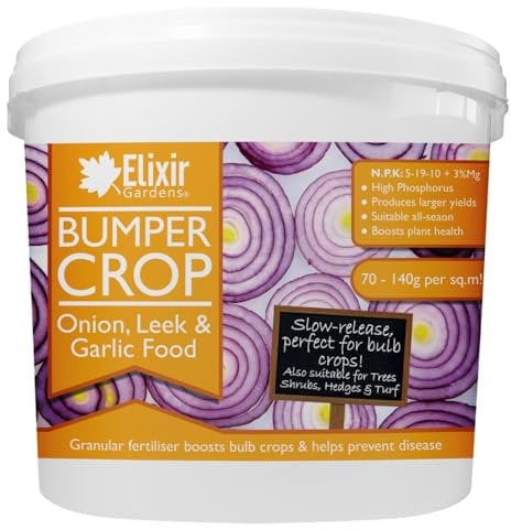 Elixir Gardens Bumper Crop Onion, Leek & Garlic Food | 500g-25kg Weights Available in Bags & Tubs | Bulb Root Fertiliser & Plant Feed | 2kg Tub | Treats over 28sqm