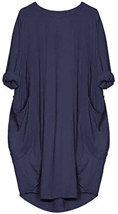 VEMOW Damenmode Tasche Lose Kleid Damen Rundhalsausschnitt beiläufige Tägliche Lange Tops Kleid Plus Größe(X1-Marine, 48 DE/XL CN)