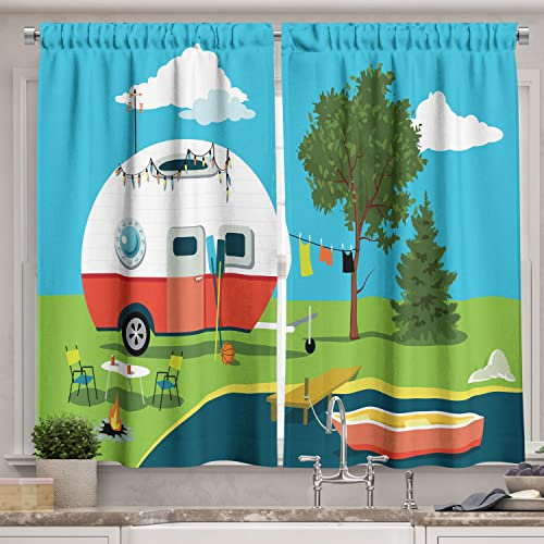 Lunarable Happy Camper Kitchen Curtains, Cartoon Fishing Trip Scene Caravan Boat Fire Pit Camping Table Laundry Line, Window Drapes 2 Panel Set for Kitchen Cafe Decor, 55 X 39, Green Blue