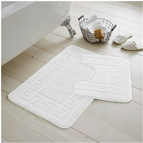 GC GAVENO CAVAILIA Greek Key Pattern Bath Mats 2 Piece Sets Non Slip, Soft Washable Rug Quick Dry Water Absorbent Bathroom Shower Mat & Pedestal Set, White