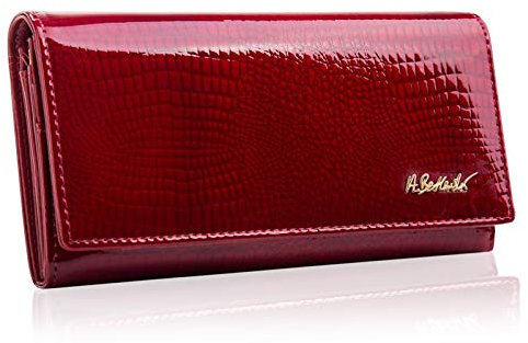 BETLEWSKI Damengeldbörse aus echtem Leder RFID Geldbeutel Damen sehr schöne Farben mit vielen Fächern, inkl Geschenkbox | Ledergeldbörse Croco, Rot