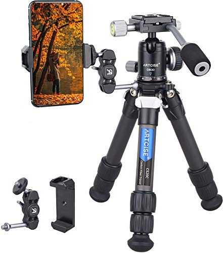 Carbon Fiber Mini Tripod Kit - Lightweight Portable Tabletop With Handle, 360 Ball Head, CNC Magic Arm, Phone Holder - Compact Travel Macro Desktop Max Load 22lbs/10kg for DSLR Camera
