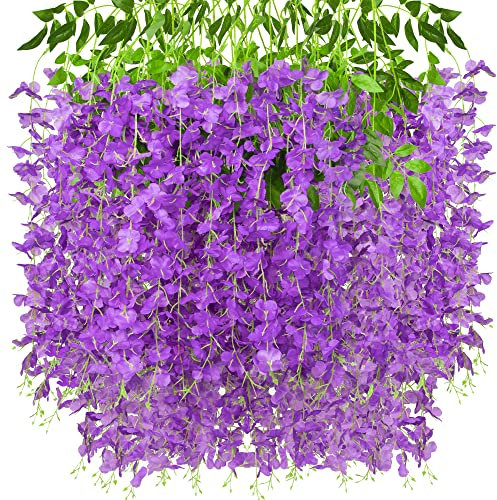 FOEVAFLO Künstliche Glyzinien zum Aufhängen, künstliche Seidenblumen, Schnur für Hochzeit, Party, Wandhintergrund, Dekoration, 12 Stück (lila)